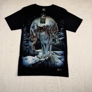 Majestic Wolf Moonlit Black T-Shirt Glow In The Dark Unisex M Y2K